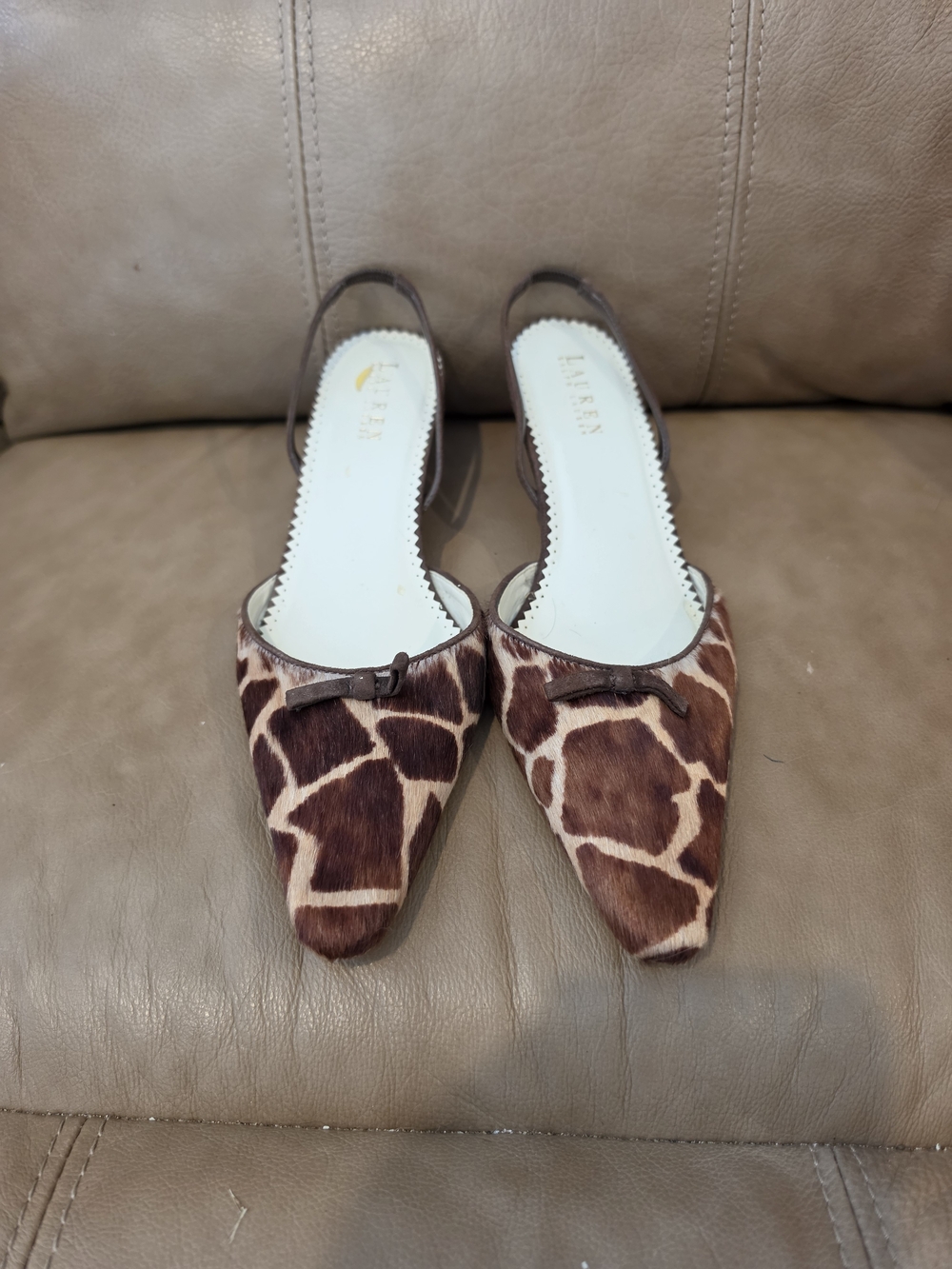 Ralph Lauren Brown Giraffe-Print Pointed Slingback Kitten Heels
